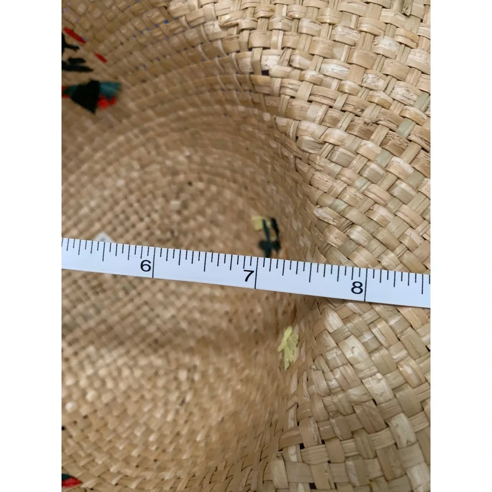 Vintage Fruit Embroidered 100% Straw Sun Hat Tan Wide Brim Beach